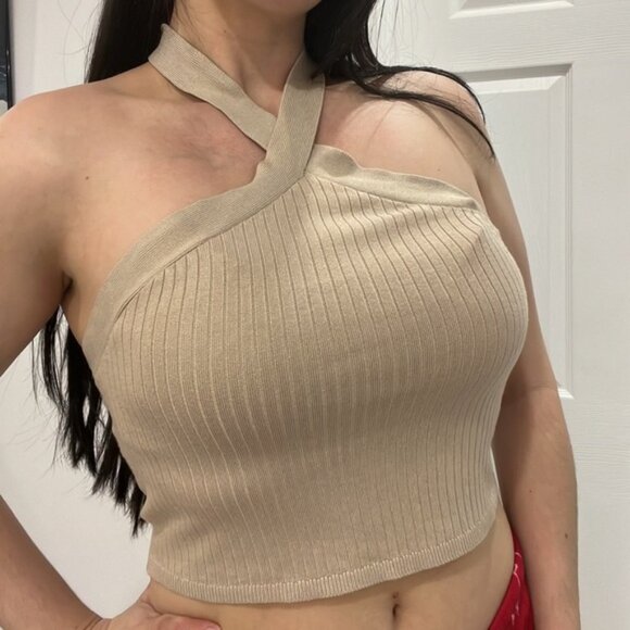 Streetwear Society Cream Knit Halter Neck Crop Top Size XL - Picture 1 of 4